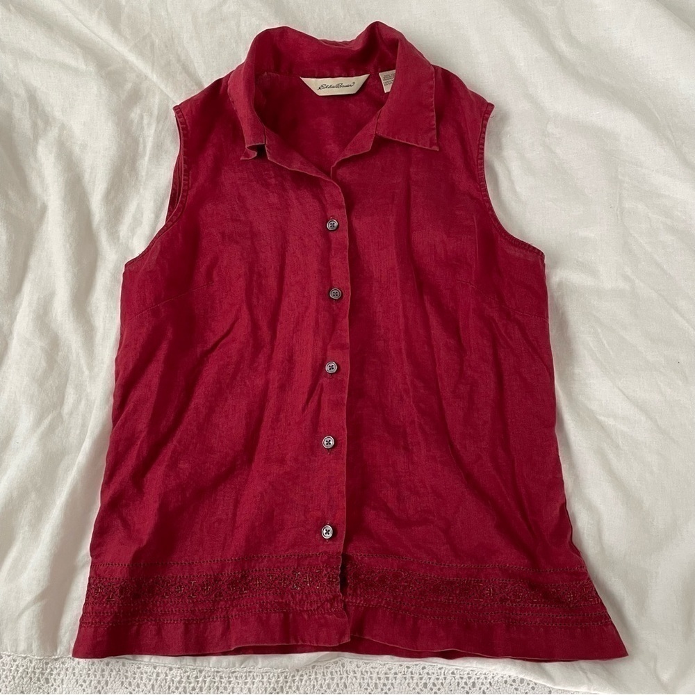 Eddie Bauer MEDIUM 100% Linen Sleeveless Top Tank embroidery red burgundy